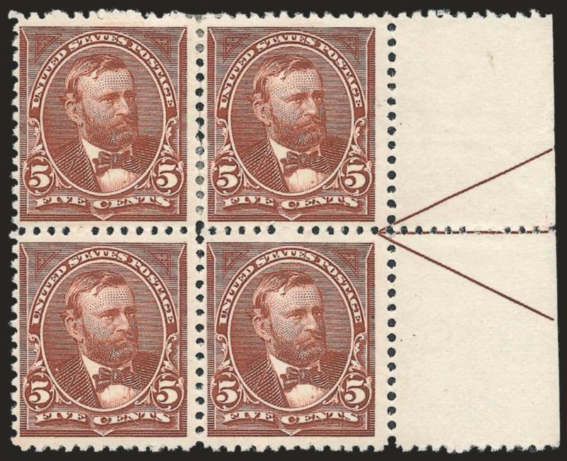 5c Chocolate (255).> Right arrow block of four, original gum, bottom stamps barest trace of what may be hinging, fresh color, few perf separations at top sensibly reinforced, Fine-Very Fine