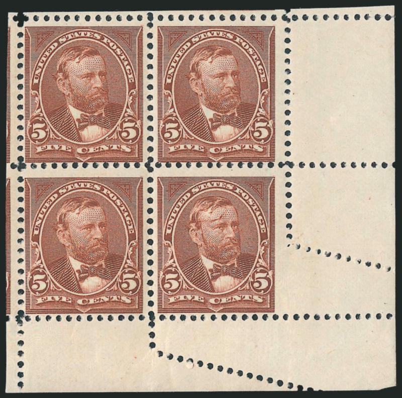 5c Chocolate (255).> Bottom right corner selvage block of four, bottom stamps Mint N.H., top stamps h.r., intact perfs at top and left and with <wild perfs causing bottom right stamp to be part-perforate at
right,> bright color, Fine and unusual frea