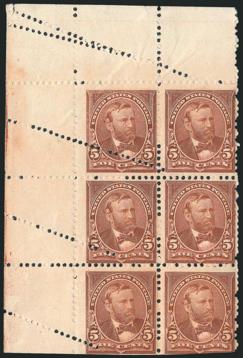 5c Chocolate (255).> Mint N.H. top left selvage block of six, bright color, s.e. at bottom and with <wild diagonal perforations> caused by a misfeed into the perforating machine which looks like it was then put
into the machine correctly, few natural