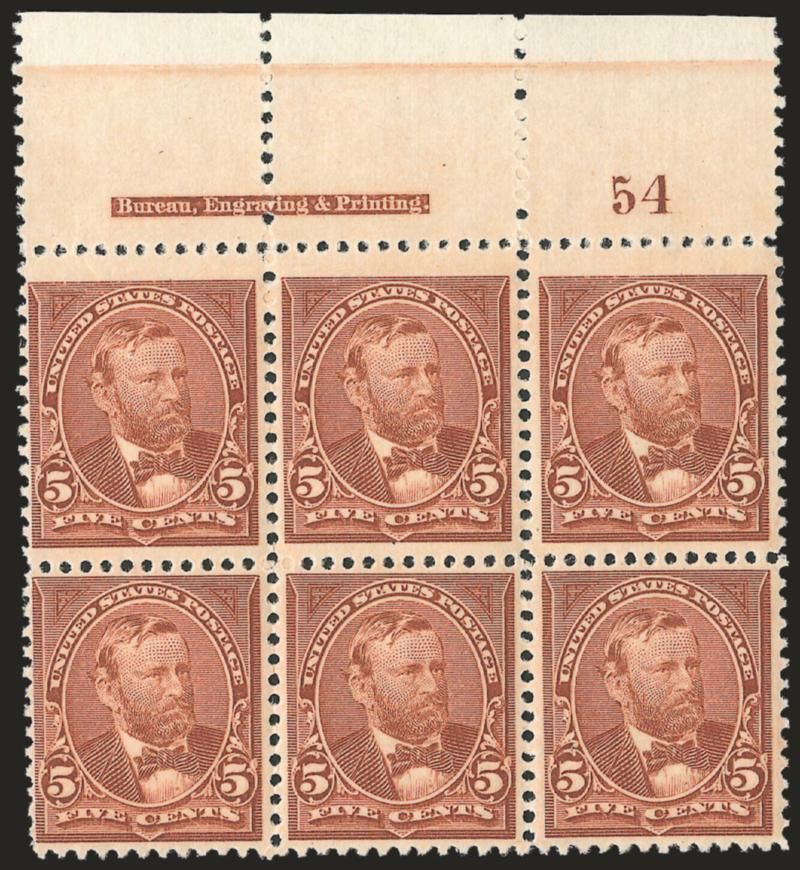 5c Chocolate (255).> Top imprint and plate no. 54 block of six, bottom stamps Mint N.H., top side stamps barely hinged, top center stamp single hinge mark, pretty shade, Fine-Very Fine, the top center and top
right stamps are especially nice