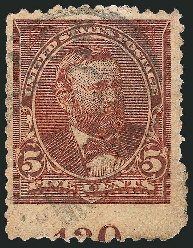 5c Chocolate (255).> Perforated on all sides and with <captured plate no.> at bottom, unobtrusive cancel, warm shade, light crease, Very Fine appearance, an unusual item