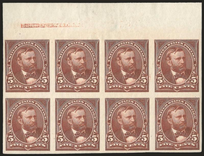 5c Chocolate, Imperforate (255a).> Top imprint and plate no. 53 block of eight, large margins all around, original gum, gorgeous color, tiny thin spot in sheet margin only<><>^VERY FINE. AN EXCEEDINGLY RARE
IMPRINT AND PLATE NUMBER BLOCK OF EIGHT O