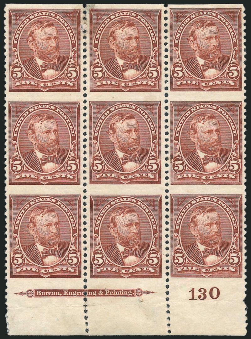 5c Chocolate, Imperforate Horizontally (255c).> Bottom imprint and plate no. 130 block of nine, original gum, h.r. in few places primarily where few perf separations sensibly reinforced, light gum soak at top
left, thin spots in top stamps not affect