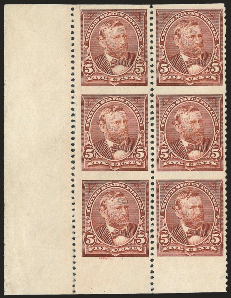 5c Chocolate, Imperforate Horizontally (255c).> Bottom left corner selvage block of six, unused (no gum), bright color, couple of light creases<><>^VERY FINE APPEARANCE. A RARE CORNER-MARGIN MULTIPLE OF THE 1894
5-CENT UNWATERMARKED BUREAU ISSUE IM