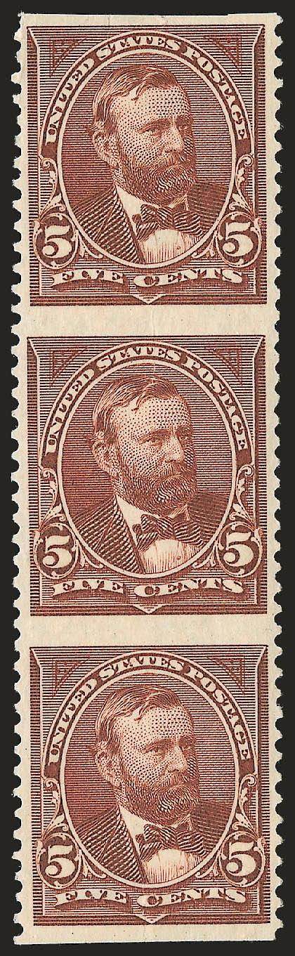 5c Chocolate, Imperforate Horizontally (255c).> Vertical strip of three, original gum, top stamp h.r., light natural vertical paper wrinkle<><>^VERY FINE. A SCARCE AND DESIRABLE STRIP OF THE 1894 5-CENT
UNWATERMARKED BUREAU ISSUE IMPERFORATE HORIZO