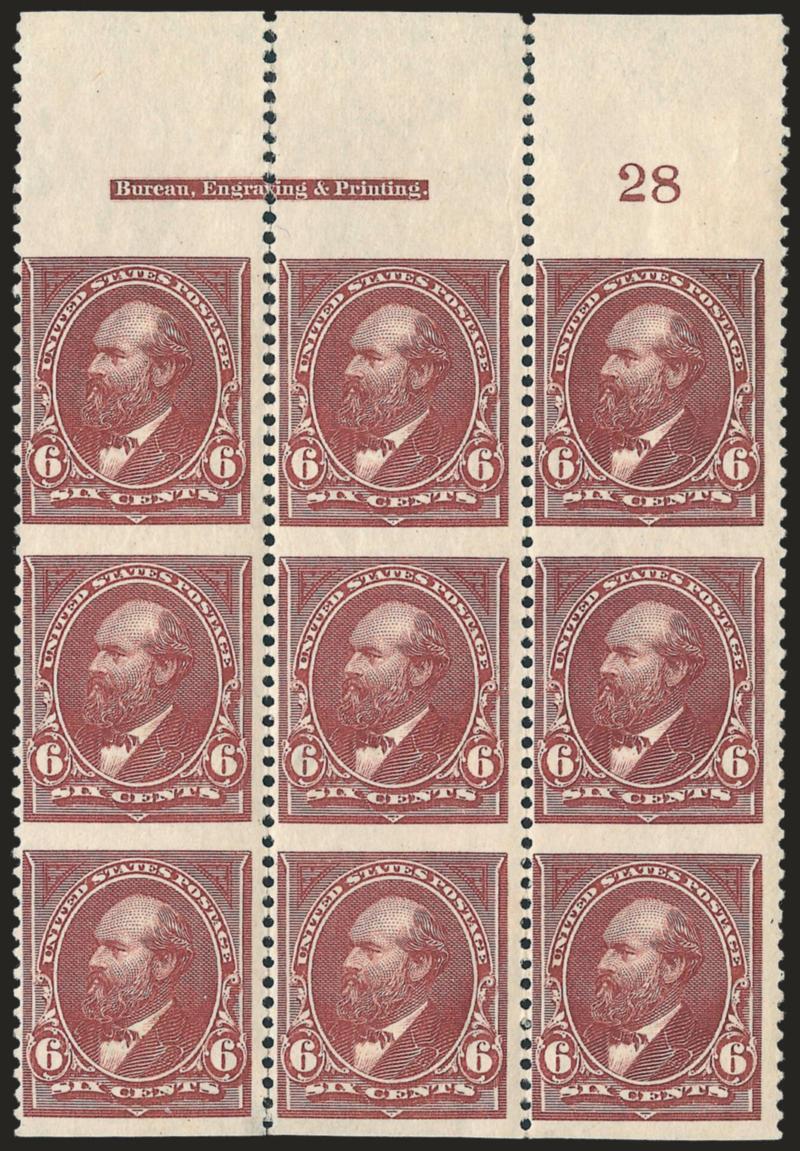 6c Dull Brown, Imperforate Horizontally (256a).> Top imprint and plate no. 28 block of nine, original gum, few h.r., brilliant color, some perf separations expertly reinforced, small flaw at top
center<><>^FINE-VERY FINE. THE UNIQUE TOP IMPRINT AND