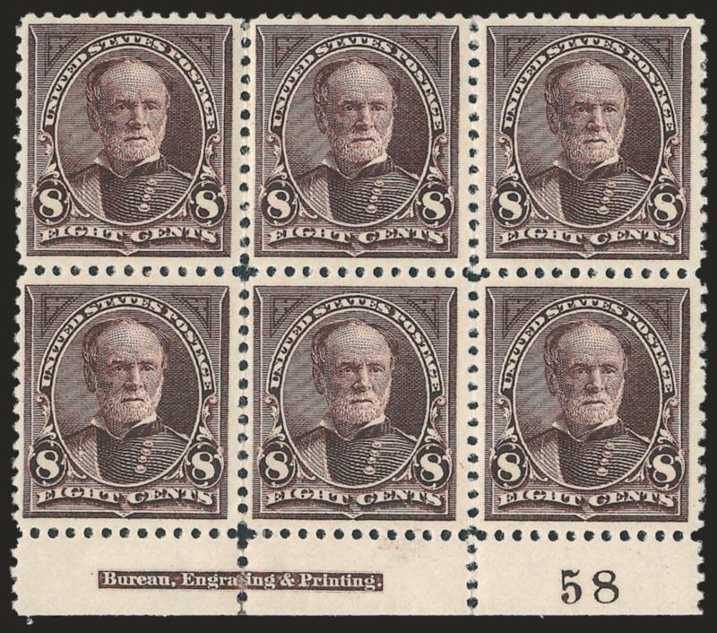 8c Violet Brown (257).> Bottom imprint and plate no. 58 block of six, original gum, most h.r., deep rich color and proof-like impression, few perf separations sensibly reinforced, Very Fine, a pretty plate
block, plate 87 was the only one used to pri