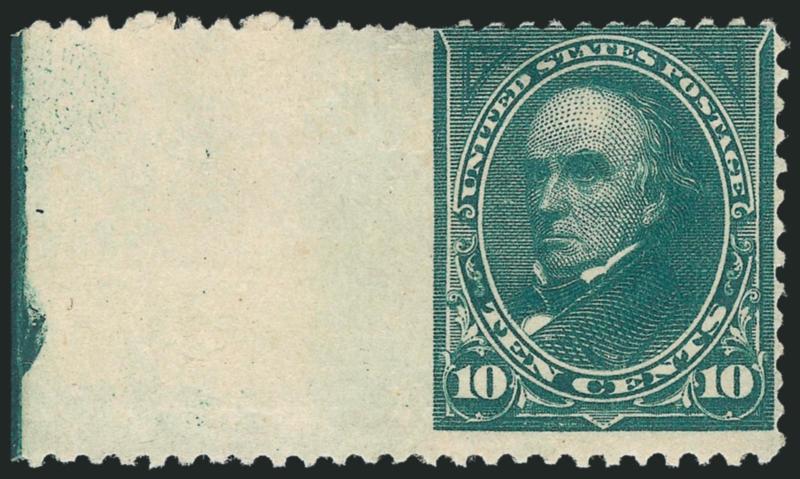 10c Dark Green, Imperforate at Left (258 var).> Perforated on three sides and with wide selvage at left where imperforate, original gum, h.r., light crease and thin spot, Fine appearance, the size of the selvage
is remarkable and makes for a stunning