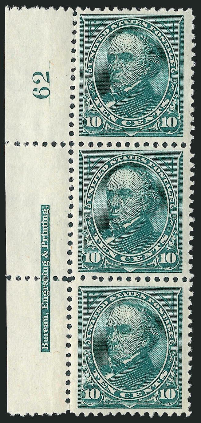 10c Dark Green (258).> Left imprint and plate no. 62 strip of three, original gum, lightly hinged, brilliant color, well-balanced margins, Very Fine and choice