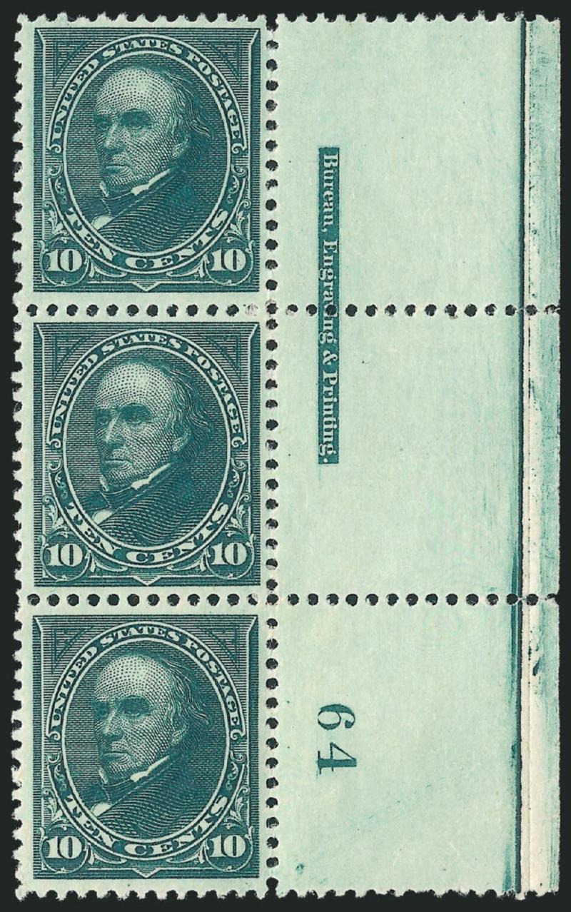 10c Dark Green (258).> Right imprint and plate no. 64 strip of three, original gum, small h.r., intense shade and proof-like impression, Very Fine and choice