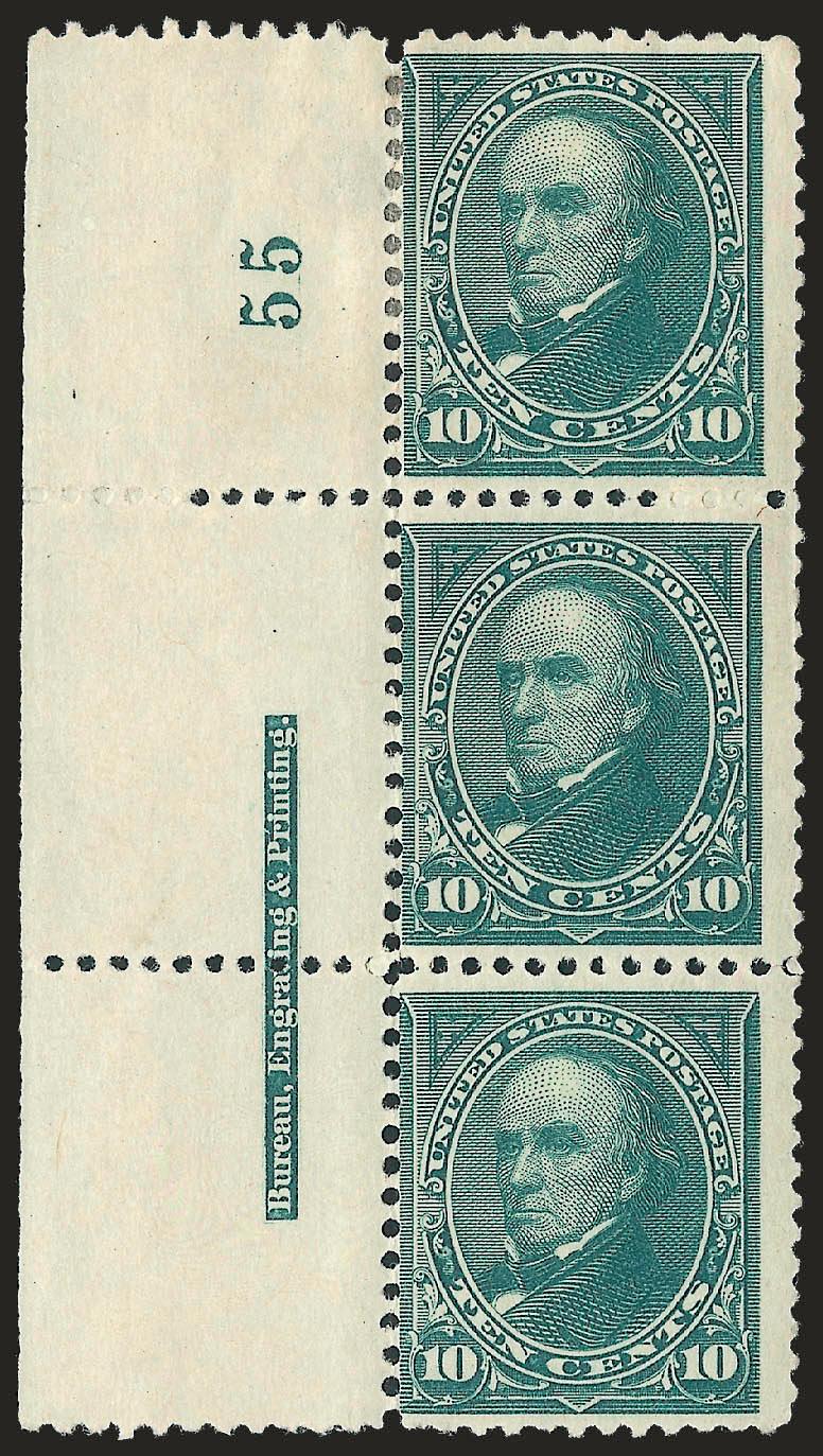 10c Dark Green (258).> Top and left imprint and plate no. strips of three, first plate no. 64, second plate no. 55, first disturbed original gum, second original gum, h.r., distinctly different shades, perfs
touch on both, Fine