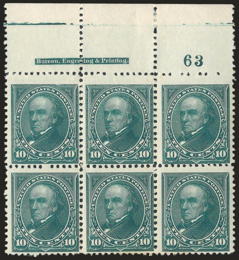 10c Dark Green (258).> Top imprint and plate no. 63 block of six with wide selvage, top stamps Mint N.H., fresh color, small thin spot at top of selvage (easily trimmed), few toned perfs at bottom, otherwise
Fine, Scott Retail as singles