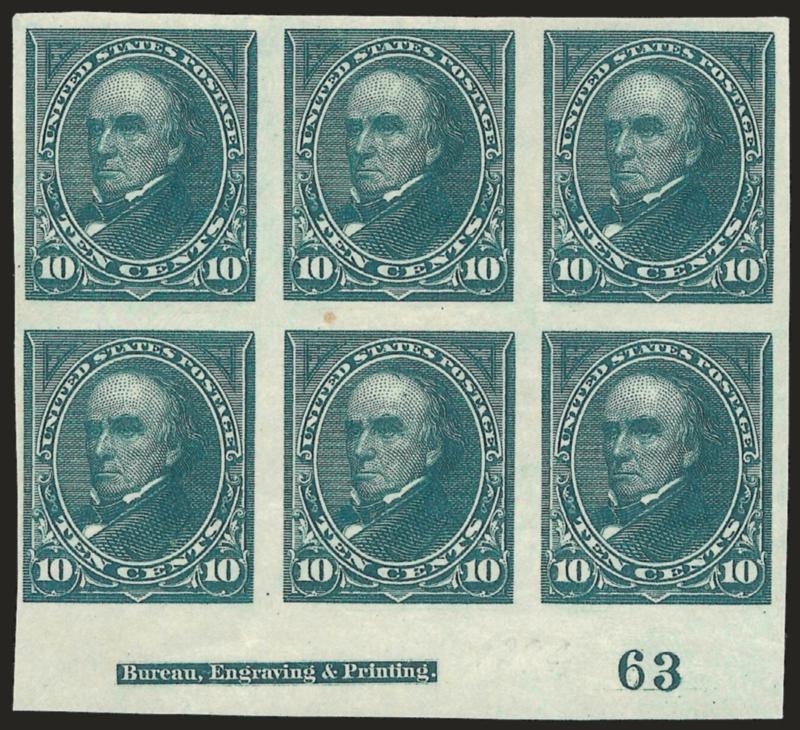10c Green, Imperforate (258a).> Bottom imprint and plate no. 63 block of six, large margins to full, original gum, pretty shade, top center stamp small thin spot, small toned spot at center<><>^VERY FINE. AN
EXTREMELY RARE IMPRINT AND PLATE NUMBER