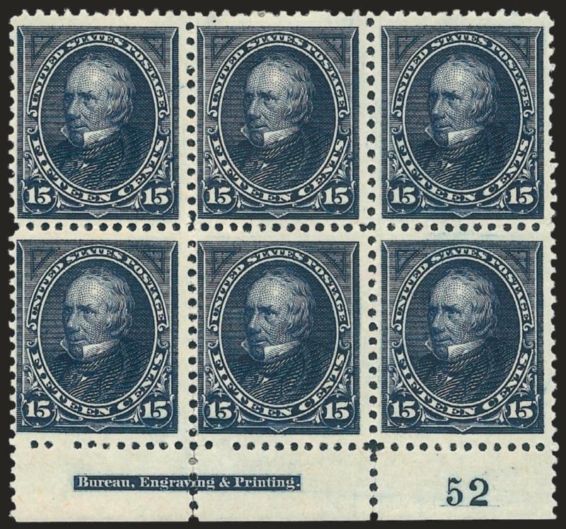 15c Dark Blue (259).> Bottom imprint and plate no. 52 block of six, unused (no gum), intense shade and impression, few perf separations sensibly reinforced<><>^FINE-VERY FINE. THE 15-CENT 1894 UNWATERMARKED
BUREAU ISSUE IS EXTREMELY DIFFICULT TO FI