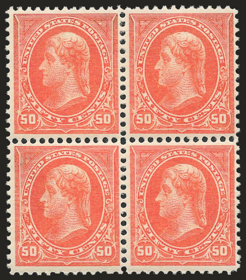 50c Orange (260).> Block of four, original gum, lightly hinged, vibrant color, unusually choice centering throughout<><>^VERY FINE AND CHOICE. A BEAUTIFUL ORIGINAL-GUM BLOCK OF THE 50-CENT 1894 UNWATERMARKED
BUREAU ISSUE.^<><>Scarce in such fresh