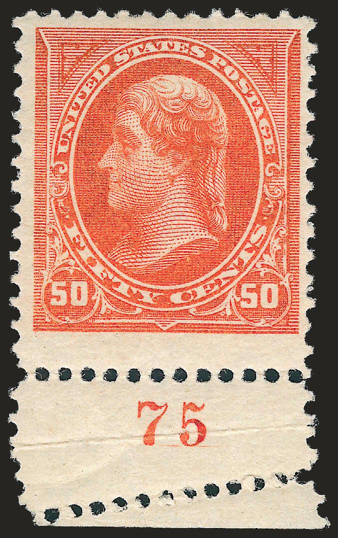 50c Orange (260).> Bottom plate no. 75 single, original gum, lightly hinged, unusual freak perforations at bottom caused by foldover in selvage, Very Fine, with 2001 P.F. certificate