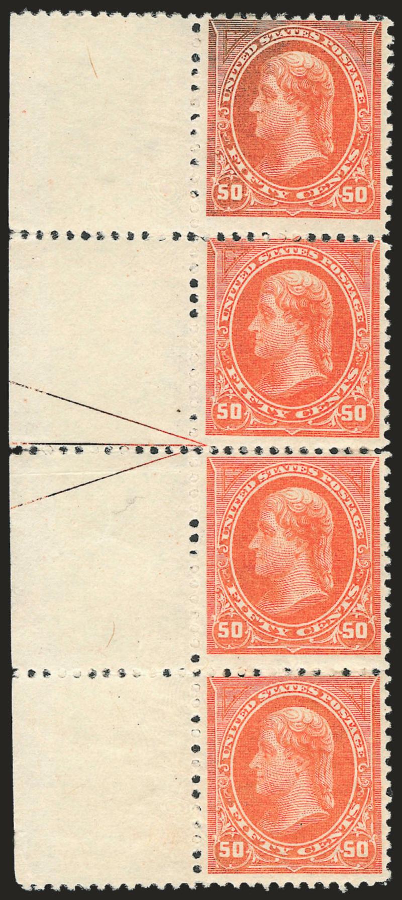 50c Orange (260).> Left arrow strip of four, brilliant color except slightly oxidized at top, few expertly rejoined perf separations, Fine, Scott Retail as singles