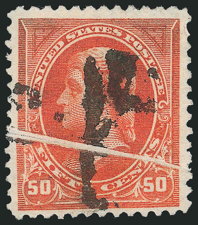 50c Orange (260).> Deep rich color, bold cancel, dramatic <pre-printing paperfold> at center which has been opened up, Very Fine, unusual item