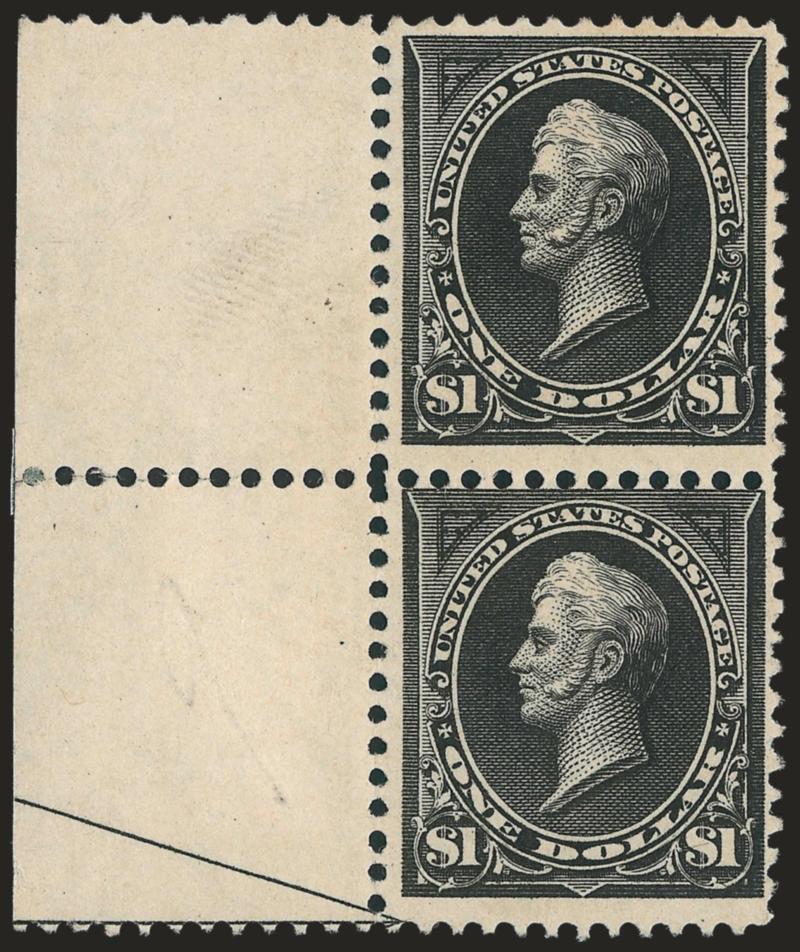 $1.00 Black, Ty. I (261).> Left selvage vertical pair with part arrow at bottom, unused (no gum), intense shade and impression, Fine, Scott Retail as no gum singles