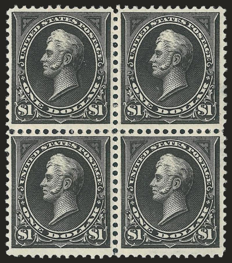 $1.00 Black, Ty. I (261).> Block of four, original gum, few h.r., detailed impression on bright paper, few small thin spots, Fine-Very Fine, a scarce block of the 1894 $1.00 Ty. I unwatermarked Bureau
issue