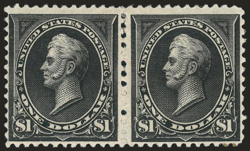 $1.00 Black, Types I-II (261-261A).> Horizontal pair, left stamp Ty. I, original gum, detailed impression, few expertly rejoined perfs at top where one perf on left stamp with small flaw, Very Fine
appearance