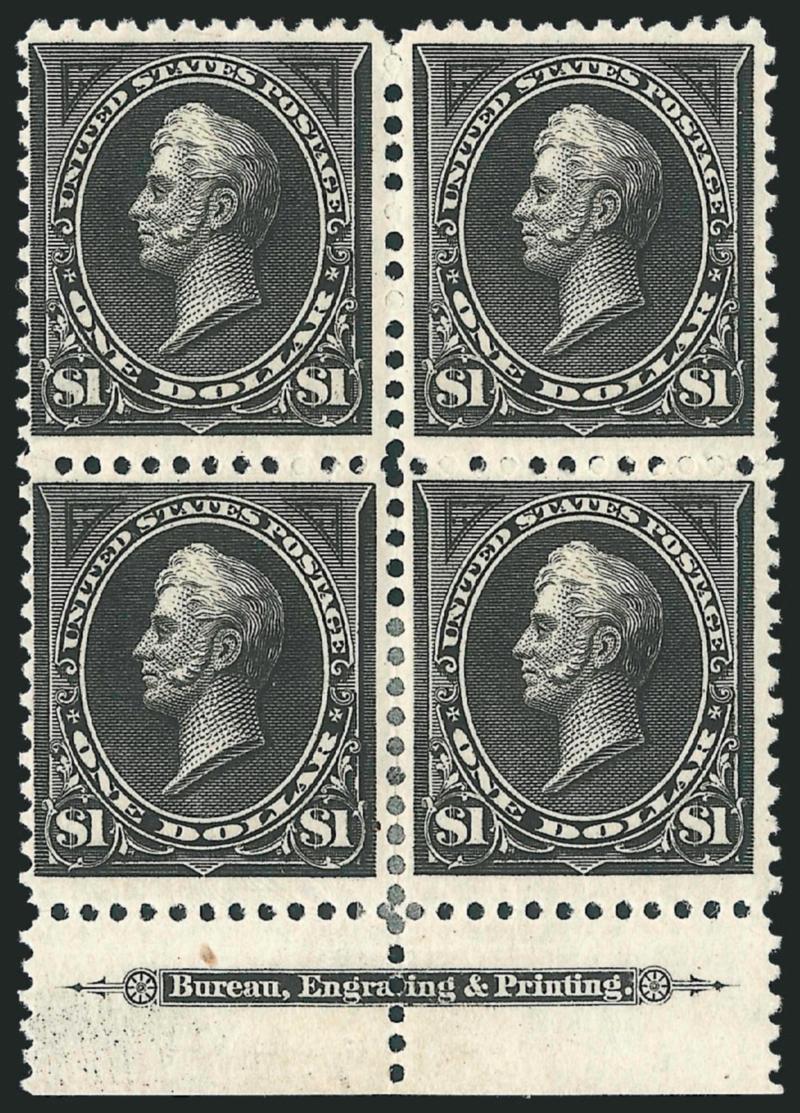 $1.00 Black, Types I-II (261-261A).> Block of four with <imprint at bottom,> left stamps Ty. I, right stamps Ty. II, original gum, h.r. where few perf separations sensibly reinforced, bright shade and crisp
impression<><>^VERY FINE. A RARE ORIGINAL
