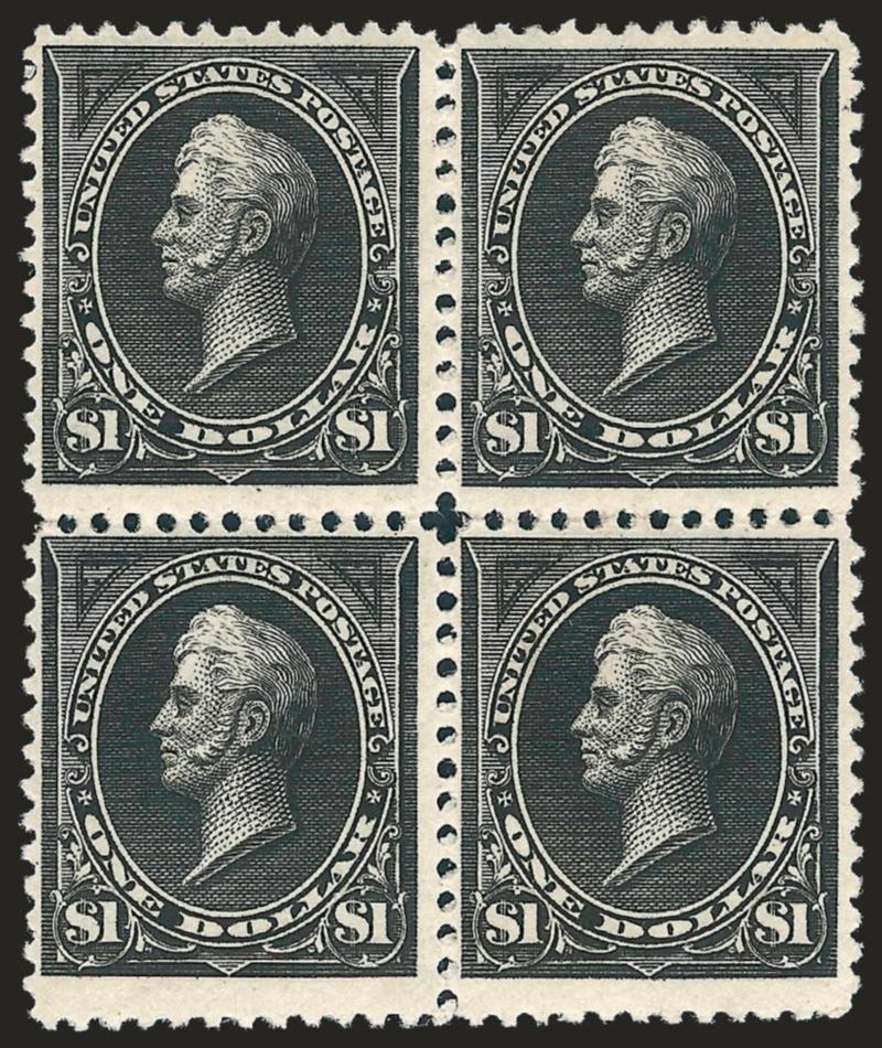 $1.00 Black, Ty. II (261A).> Block of four, original gum, barely hinged, intense shade on bright paper<><>^VERY FINE. A RARE ORIGINAL-GUM BLOCK OF FOUR OF THE $1.00 TYPE II UNWATERMARKED BUREAU ISSUE. VERY FEW
MULTIPLES ARE KNOWN.^<><>According t