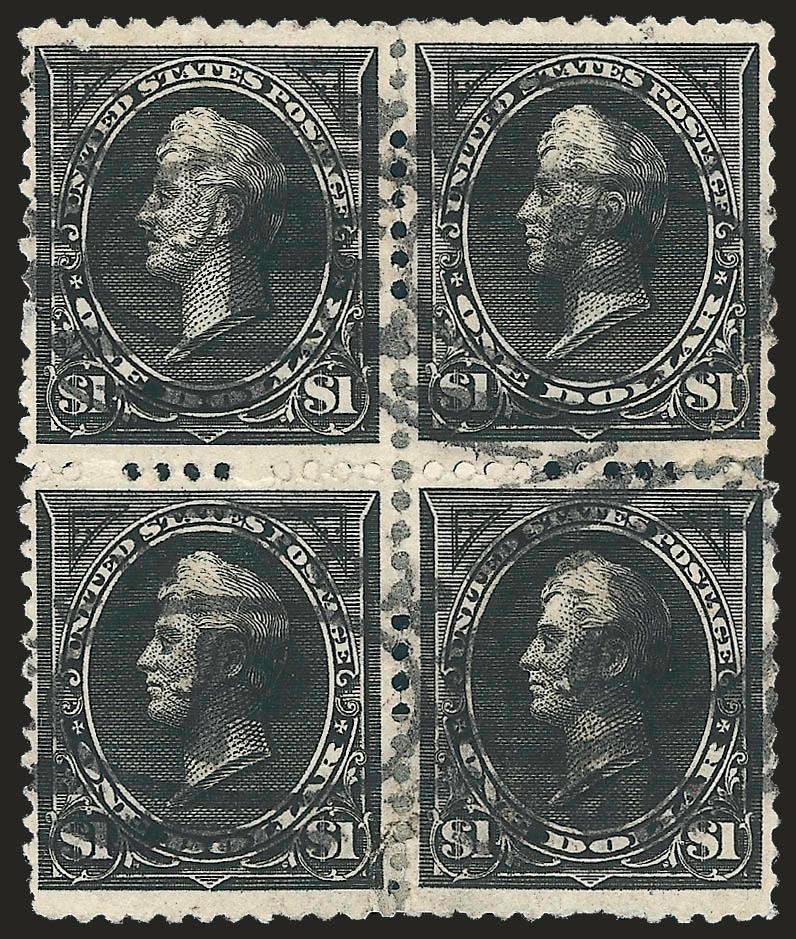 $1.00 Black, Ty. II (261A).> Block of four, intense impression, New York oval cancels, remarkably choice centering, right pair with minor faults, few perf separations sensibly reinforced<><>^EXTREMELY FINE
CENTERING AND AN INCALCULABLY RARE USED BL