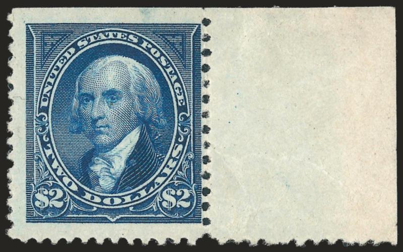 $2.00 Bright Blue (262).> Selvage at right and wide natural s.e. at top, original gum, h.r., natural gum wrinkles, Fine, an excellent position piece, the top of the sheet for the dollar values were trimmed to
allow them to fit into the perforating ma
