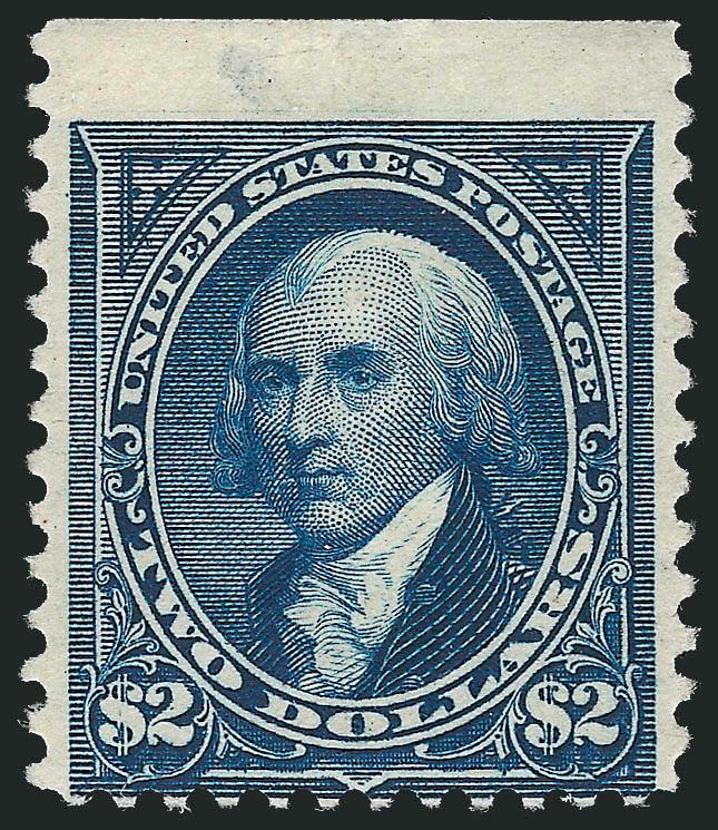 $2.00 Bright Blue (262).> Original gum, h.r., wide margin at top where natural s.e., rich color, small thin spots at top, Very Good appearance, the unwatermarked dollar-value Bureaus were trimmed at top prior to
perforating so that they could fit int