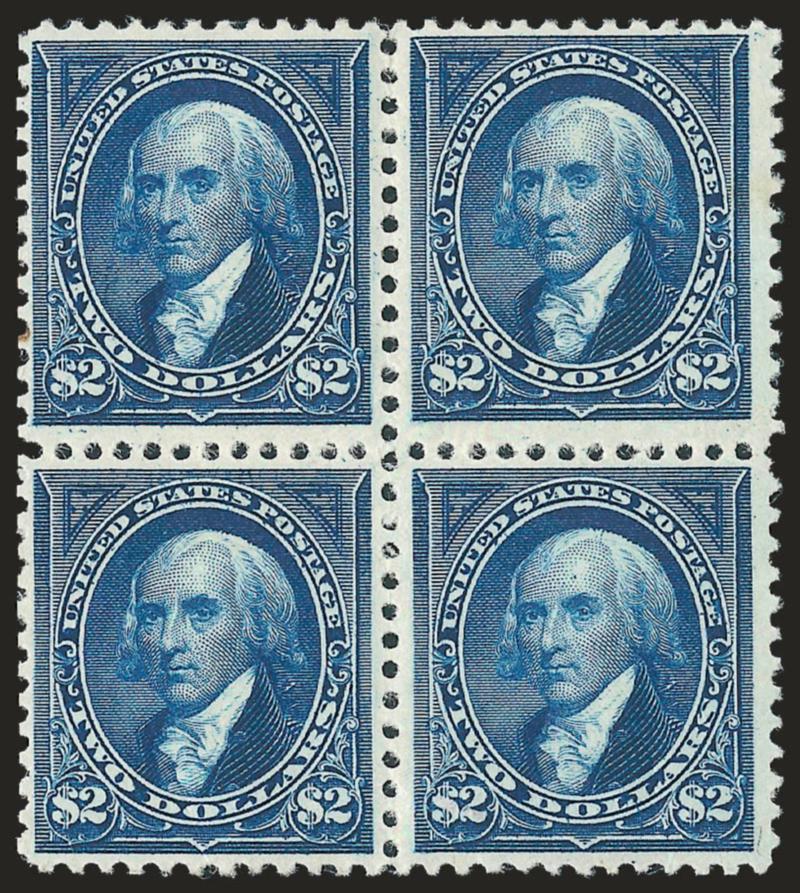 $2.00 Bright Blue (262).> Block of four, original gum, rich color on bright paper, some natural gum bends, single toned perf at top left<><>^FINE-VERY FINE APPEARANCE. A SCARCE ORIGINAL-GUM BLOCK OF THE 1894
$2.00 UNWATERMARKED BUREAU ISSUE.^<><>
