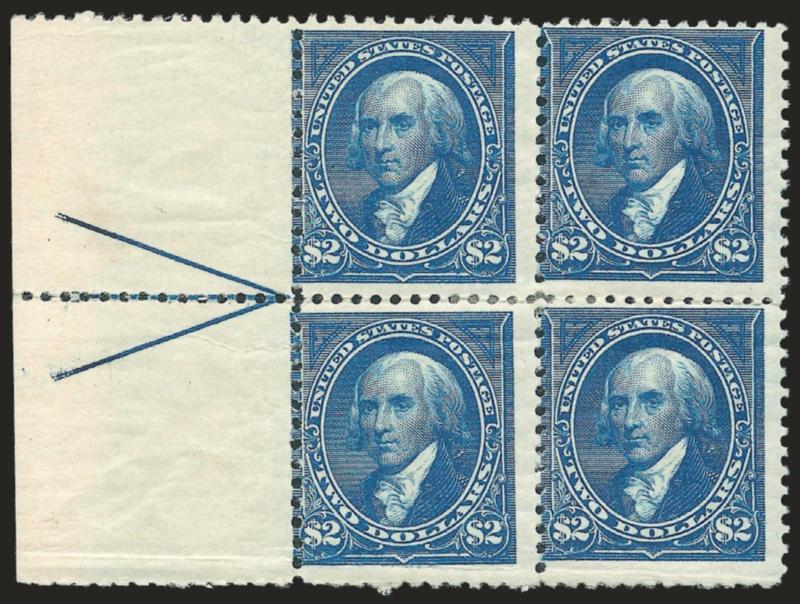 $2.00 Bright Blue (262).> Left arrow block of four, original gum, few h.r. where perfs sensibly reinforced, radiant color, perfs just in at left, natural gum creases<><>^VERY GOOD. A SCARCE LEFT ARROW POSITION
BLOCK OF THE 1894 $2.00 UNWATERMARKED
