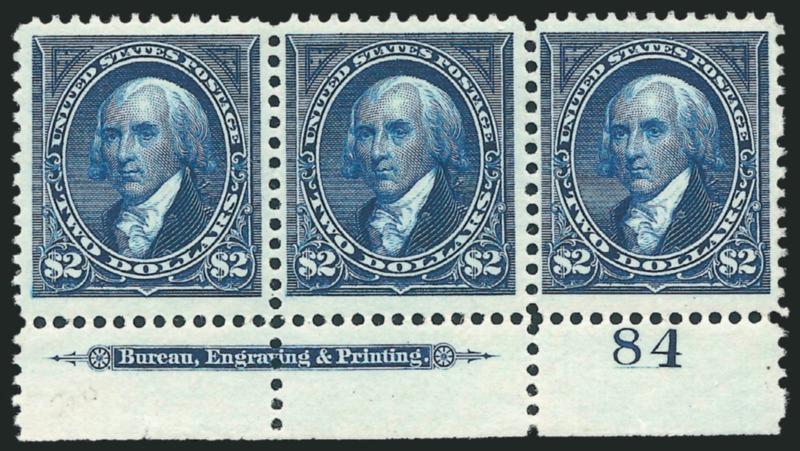 $2.00 Bright Blue (262).> Bottom imprint and plate no. 84 strip of three, original gum, lightly hinged where few perfs sensibly reinforced, rich color, tiny tear at edge of selvage at bottom left<><>^FINE-VERY
FINE. AN EXTREMELY RARE IMPRINT AND PL