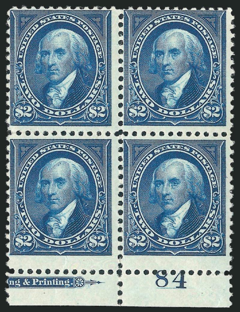 $2.00 Bright Blue (262).> Bottom block of four with <part imprint and plate no. 84,> original gum, very lightly hinged, rich color, natural gum wrinkles and bends<><>^FRESH AND FINE. A RARE IMPRINT AND PLATE
NUMBER MULTIPLE OF THE 1894 UNWATERMARKE