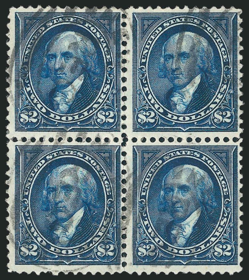 $2.00 Bright Blue (262).> Block of four, bright color, cancelled by neat strikes of oval registry cancels, some perf separations sensibly reinforced, right stamps vertical crease visible only in fluid<><>^FINE
APPEARANCE. AN EXTREMELY RARE USED BLO