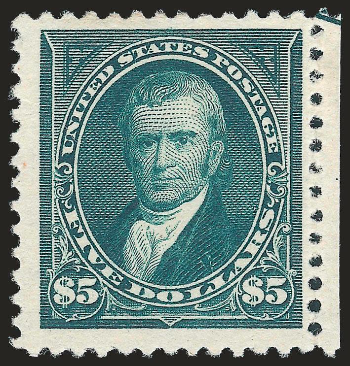 $5.00 Dark Green (263).> Original gum, lightly hinged, rich color and proof-like impression, intact perfs at right with part arrow at top, Very Fine