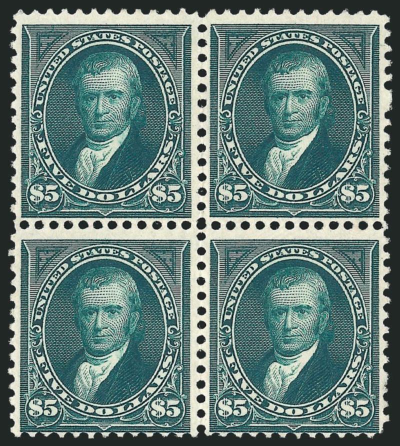 $5.00 Dark Green (263).> Block of four, original gum, deep rich color and proof-like impression on bright paper, few minor perf separations at bottom expertly reinforced<><>^FINE. AN EXCEEDINGLY RARE
ORIGINAL-GUM BLOCK OF THE 1894 $5.00 UNWATERMARK