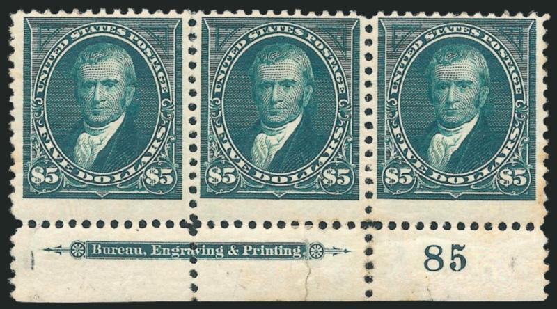 $5.00 Dark Green (263).> Bottom imprint and plate no. 85 strip of three, original gum, rich color and proof-like impression, few perf separations sensibly reinforced, few tears in selvage, few small toned spots,
some staining at right<><>^FINE APPE