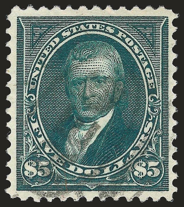 $5.00 Dark Green (263).> Intense shade and impression, neat strike of oval registry cancel, reperfed at right, faint crease at left, Very Fine appearance