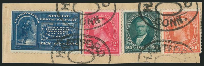 $5.00 Dark Green (263).> Used with 50c Orange (260), 2c Carmine Ty. III (252) and 10c Blue, Special Delivery (E4), tied by Hartford Conn. oval registry cancels on small piece, 50c diagonal crease at top right,
Very Fine, a colorful and rare franking