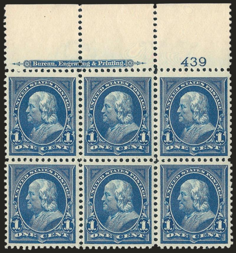 1c Blue (264).> Mint N.H. top imprint and plate no. 439 block of six, rich color on bright paper, well-balanced margins, Extremely Fine, a beautiful Mint N.H. plate block