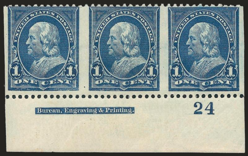 1c Blue, Imperforate Vertically (264b).> Bottom imprint and plate no. 24 strip of three, original gum, h.r., rich color<><>^THIS IS THE ONLY RECORDED EXAMPLE OF 1895 ONE-CENT WATERMARKED BUREAU ISSUE IMPERFORATE
VERTICALLY. NO OTHERS EXIST IN ANY F