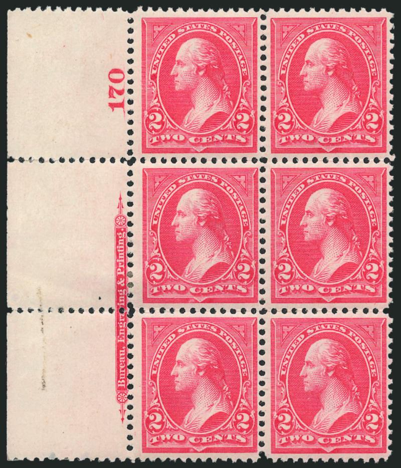 2c Carmine, Ty. I, II (265-266).> Imprint and plate no. blocks, Ty. I plate no. 125 from top, Ty. II plate no. 170 from left, original gum, most stamps Mint N.H., bright colors, few perf separations, Fine