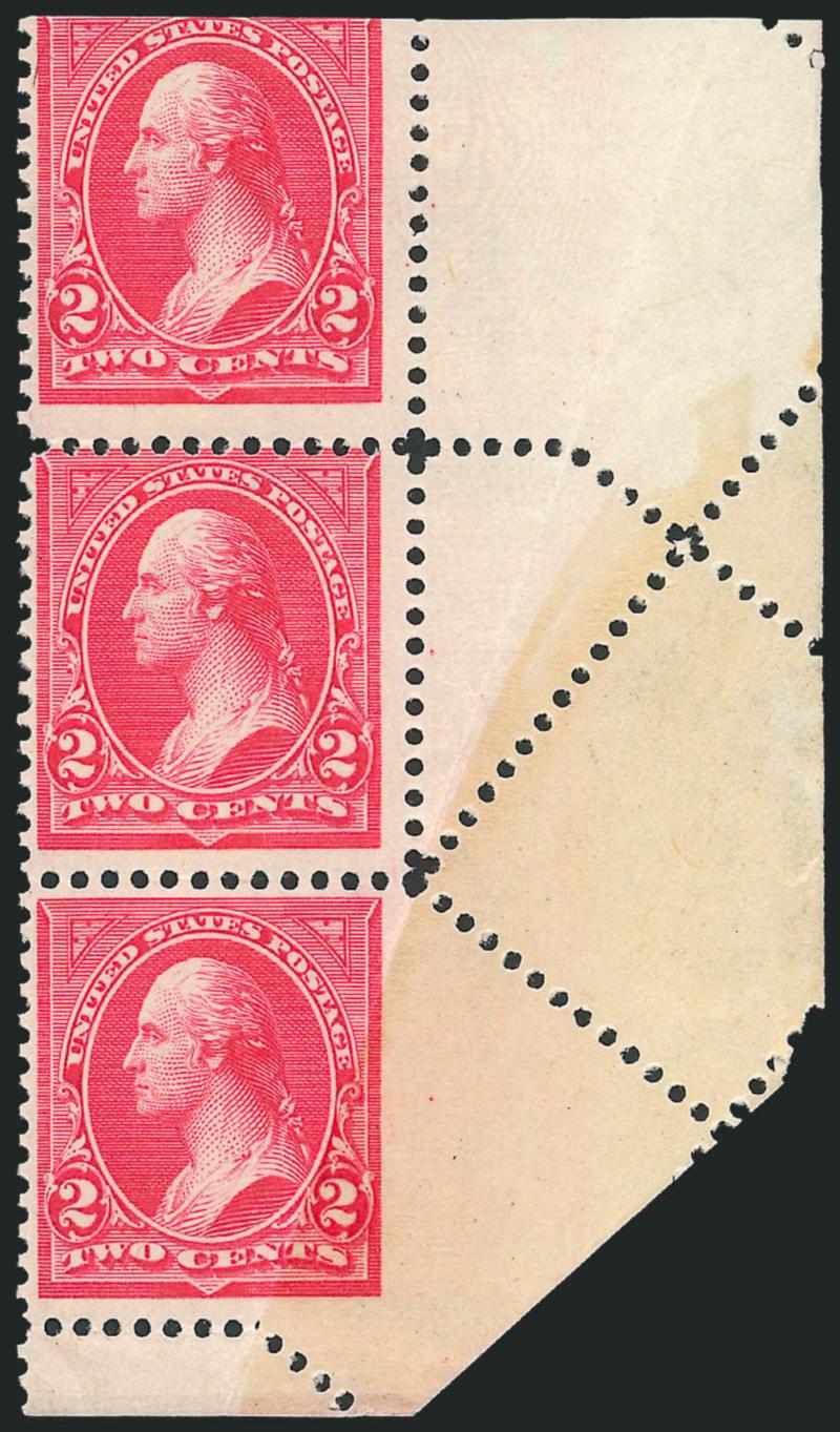 2c Carmine, Ty. II (266).> Bottom right corner selvage vertical strip of three, bottom stamp vertical crease caused by <foldover causing bottom stamp to be missing perfs at right and also partly printed on the
gummed side,> bright color, s.e. at top,