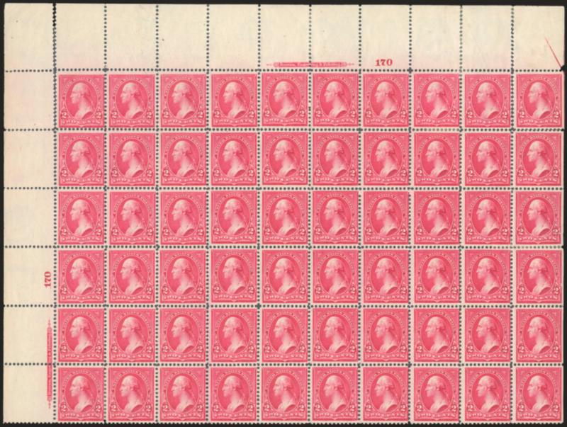 2c Carmine, Ty. II, III (266, 267).> Block of 60 from the top left corner of the plate, natural s.e. at right, first three vertical rows Ty. II, rest are Ty. III, with imprint and plate no. 170 at top and left,
original gum, few usual flaws often ass