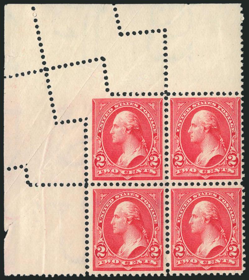 2c Carmine, Ty. III (267).> Mint N.H. top let corner selvage block of four, radiant color, foldover on top left stamp causing <wild perfs with top left stamp partly perforated,> Very Fine, a dramatic
freak