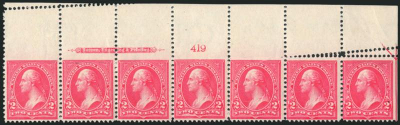 2c Carmine, Ty. III (267).> Mint N.H. imprint and plate no. 419 strip of seven, freak perfs at top caused by foldover with <imprint and plate no. strip plus one one other imperforate at top> and another almost
completely imperforate at top, diagonal