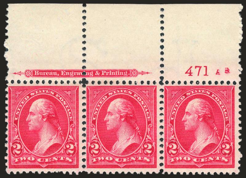 2c Carmine, Ty. III (267).> Nine imprint and plate no. strips of three, from plate nos. 468 thru 471 and each with <AB or A initials in plate no. selvage,> positions incl. top, left and right, many stamps Mint
N.H., bright colors, overall fresh a