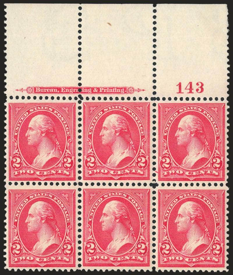 2c Carmine, Ty. III (267).> Mint N.H. top imprint and plate no. 143 block of six with wide selvage, brilliant color, choice centering, Extremely Fine, a beautiful Mint N.H. plate block