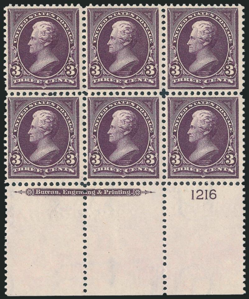 3c Purple (268).> Mint N.H. bottom imprint and plate no., 1216 block of six with wide selvage, deep rich color and proof-like impression, choice centering throughout, Extremely Fine, a stunning Mint N.H. plate
block
